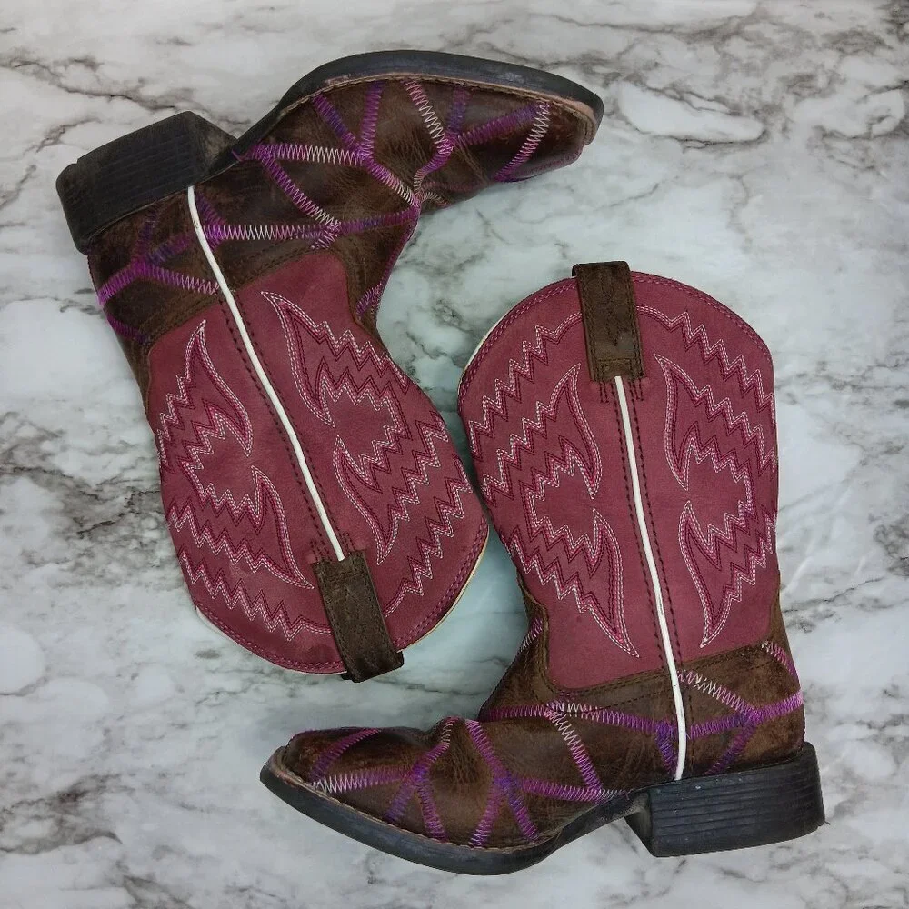 ARIAT Girls Twisted Tycoon Western Boot Size 11 Square Toe Pink Brown Leather